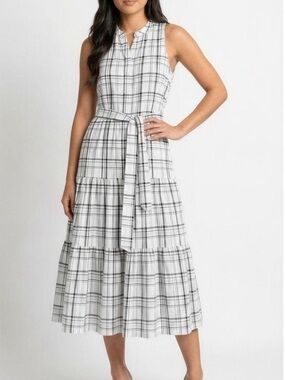 NWT Calvin Klein sz 12 sleeveless belted plaid midi dress white / black
